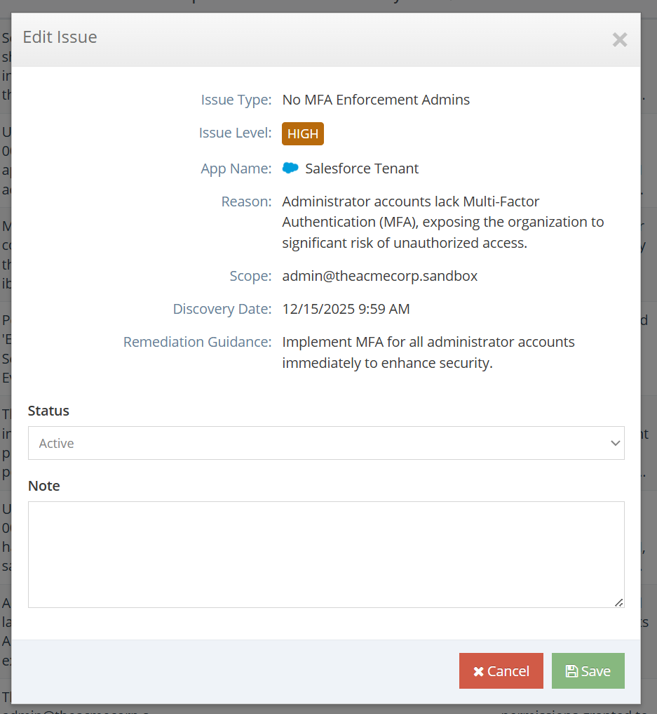 iboss SSPM issue detail view showing remediation guidance, status tracking, and notes